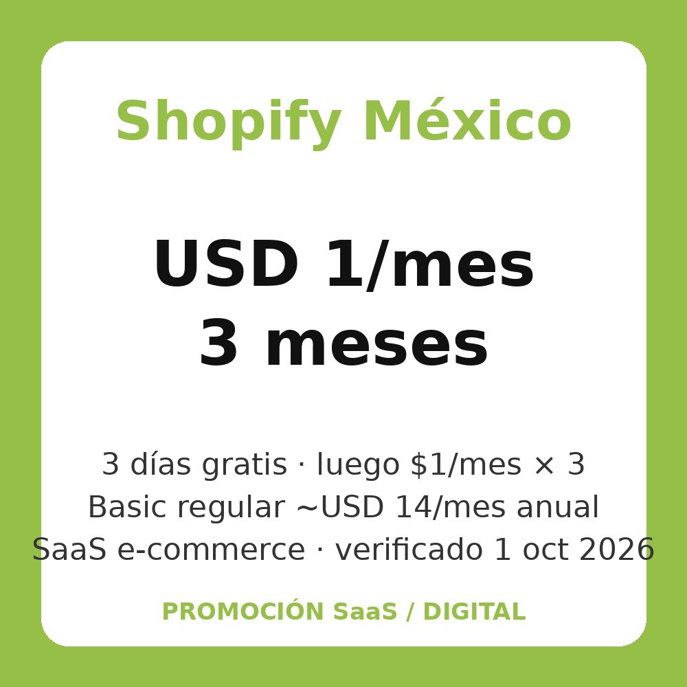 SaaS Shopify MX: 3 días gratis + USD 1/mes × 3 (−≈93%)